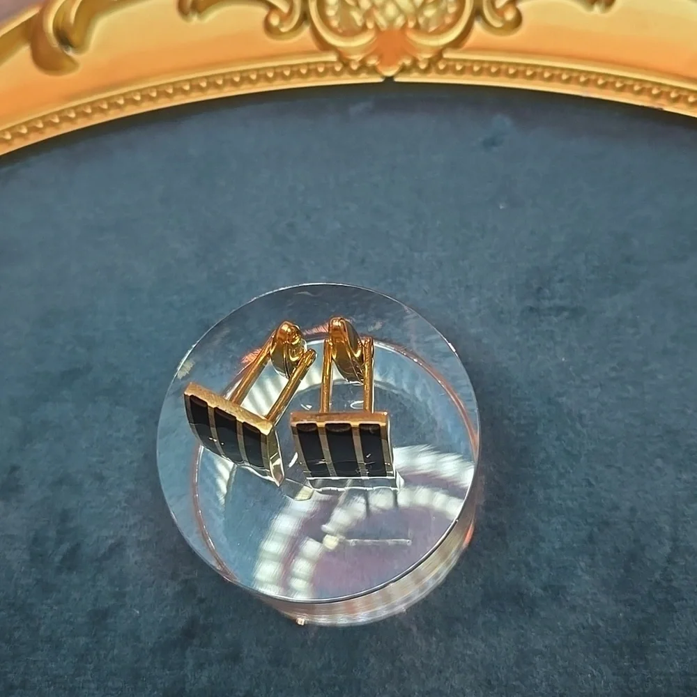 Gold and Black Striped Stainless Steel Cufflinks Brand New - Picture 5 of 10